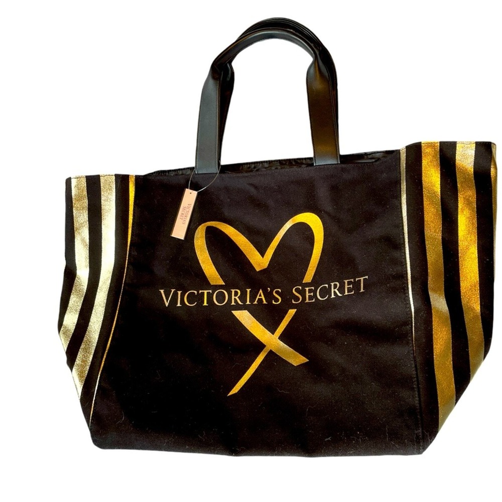 NWT Victoria's Secret Black & Gold Canvas Tote Bag w/ Faux Leather Handles